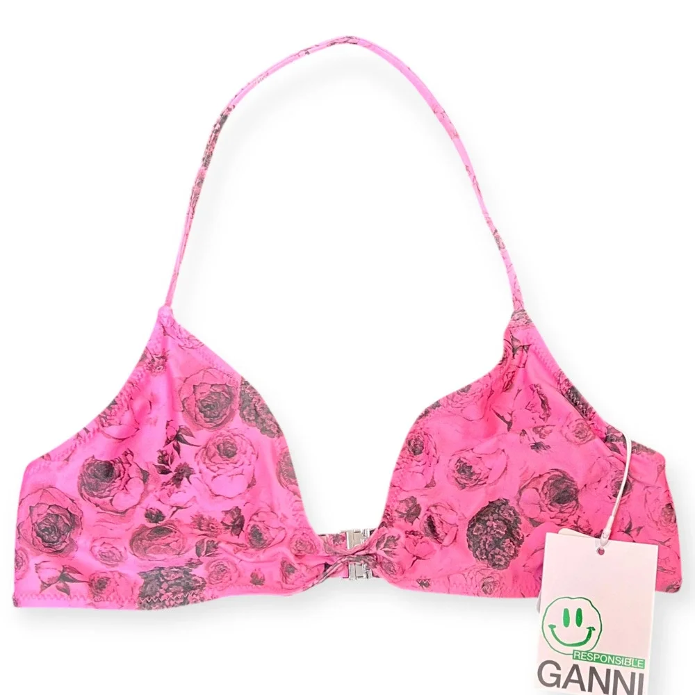 Ganni Bikini Top NWT Floral Print Twisted Halter Neck Swimsuit Size 40 US 8 M L